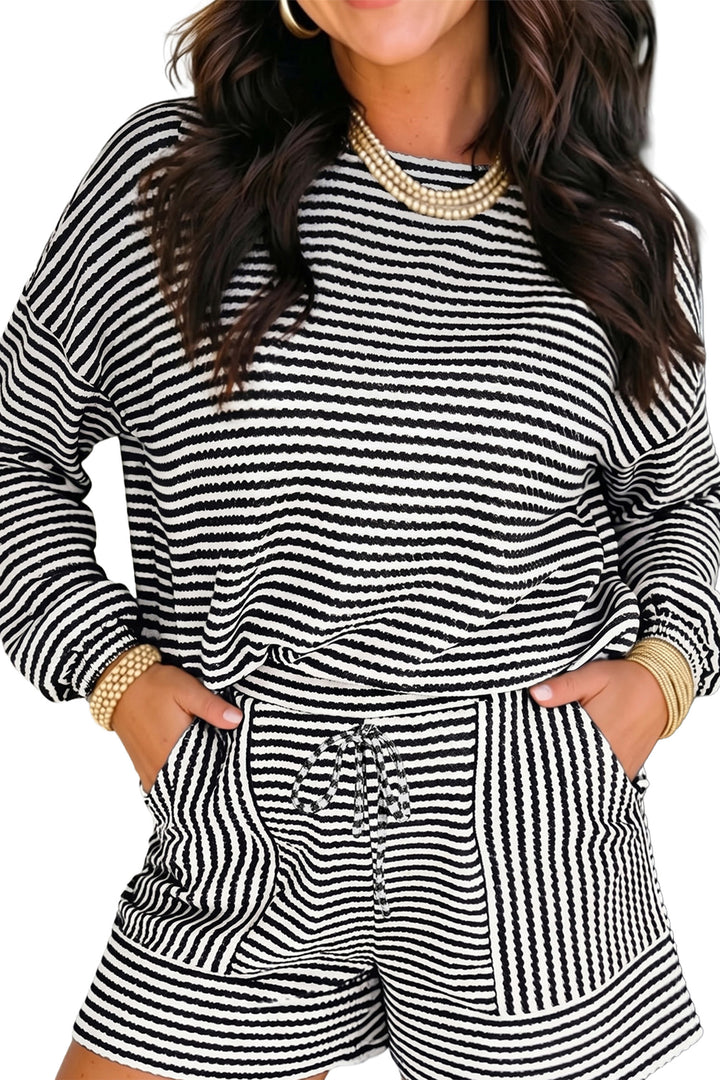 Black Stripe Textured Knit Long Sleeve Top Elastic Waist Shorts Casual Outfit
