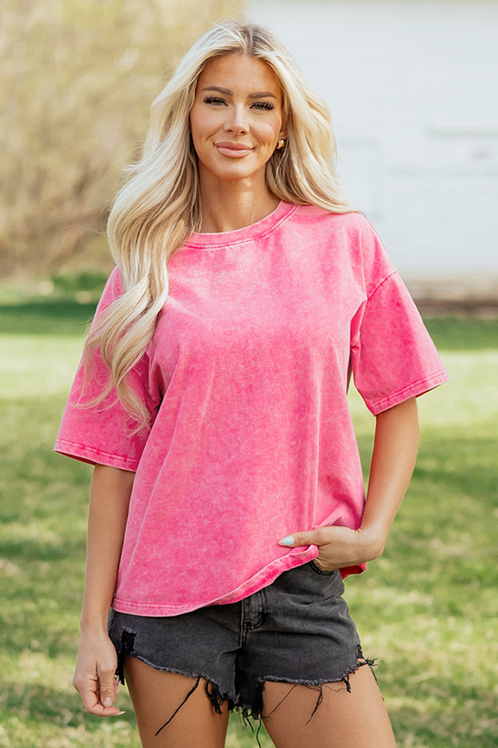 Pink Solid Color Cotton Mineral Washed Oversize Tee