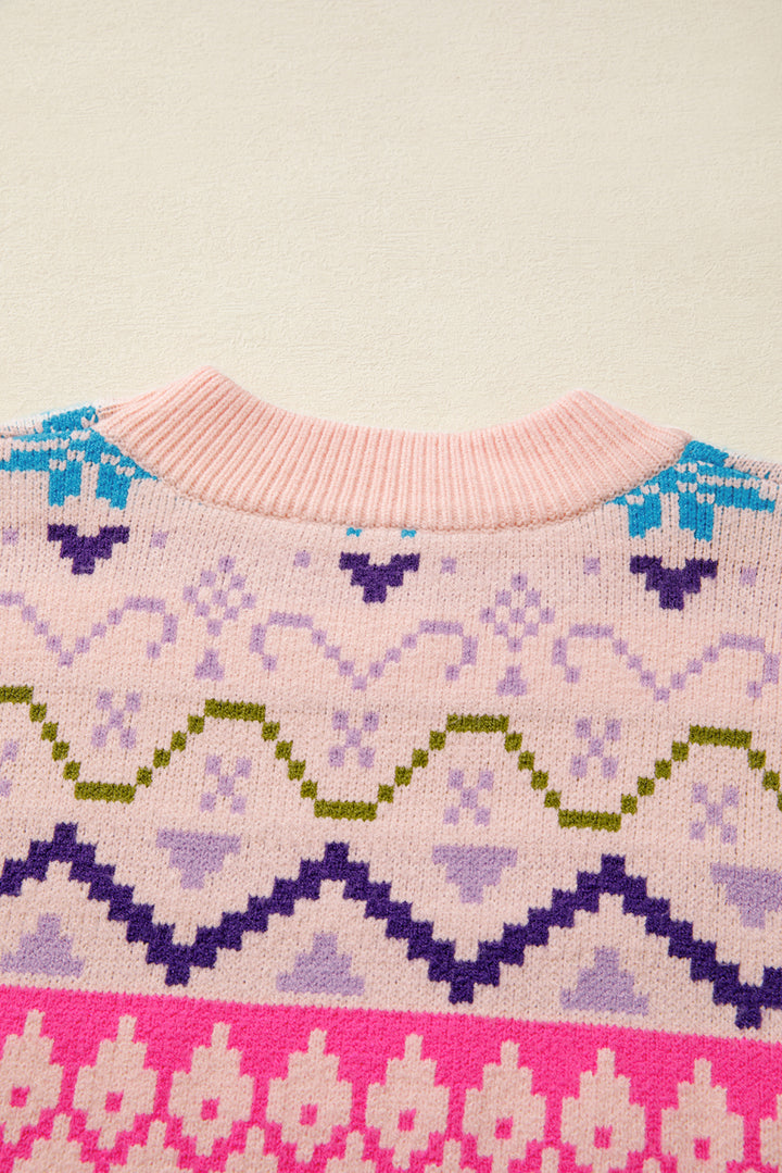 Ethnic Christmas Pattern Knit Feather Cuffed Sweater