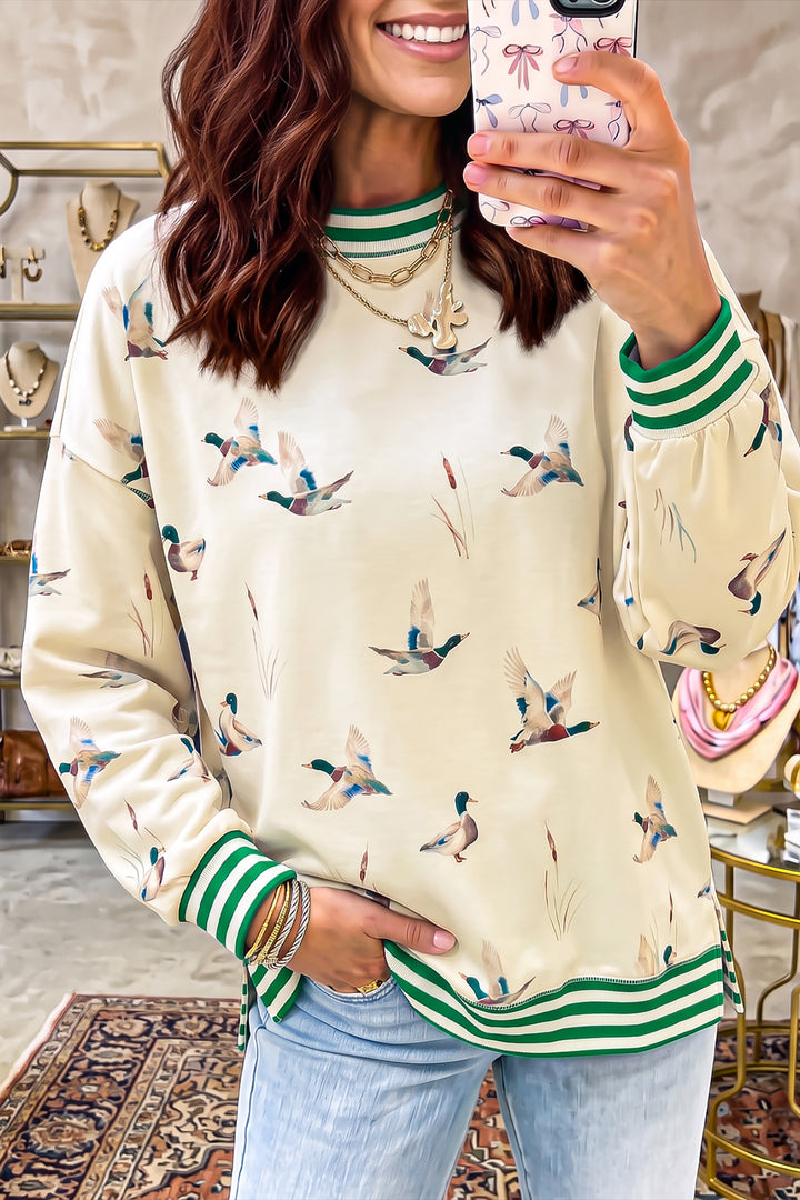 Beige Duck Print Striped Trim Cuffs Casual Sweatshirt