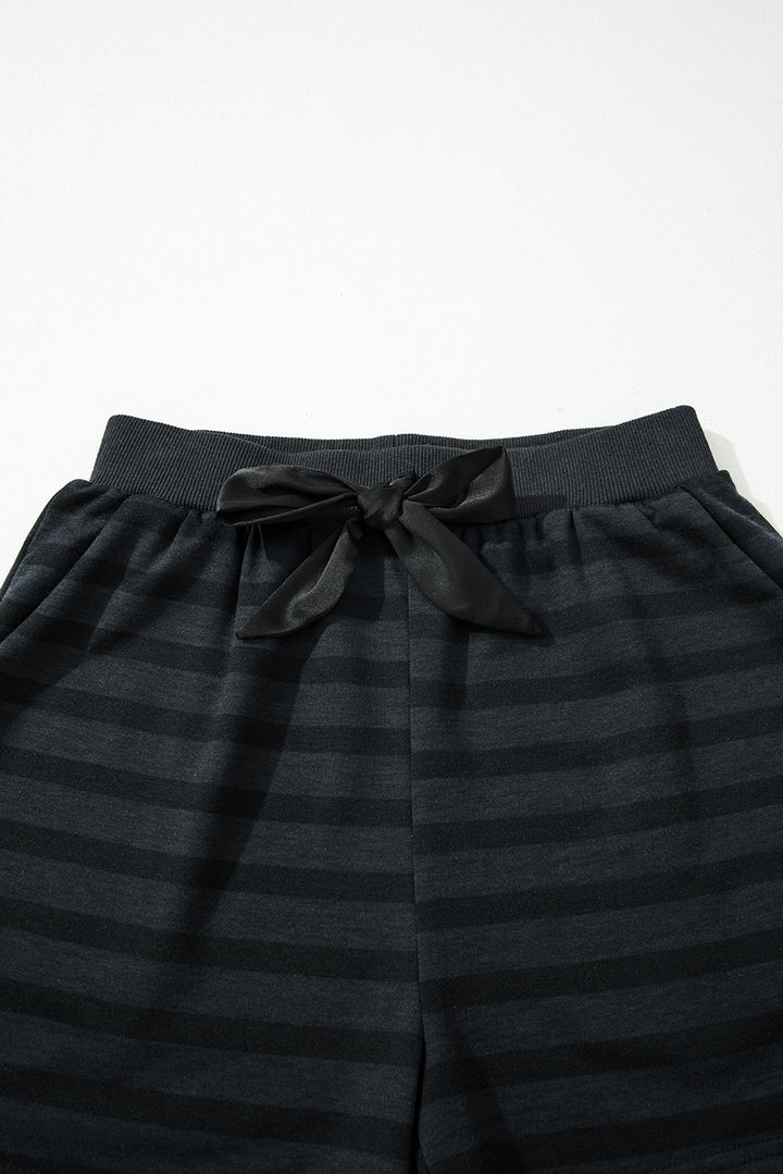 Gray Printed Stripe Long Sleeve Satin Tie Shorts Two Piece Set