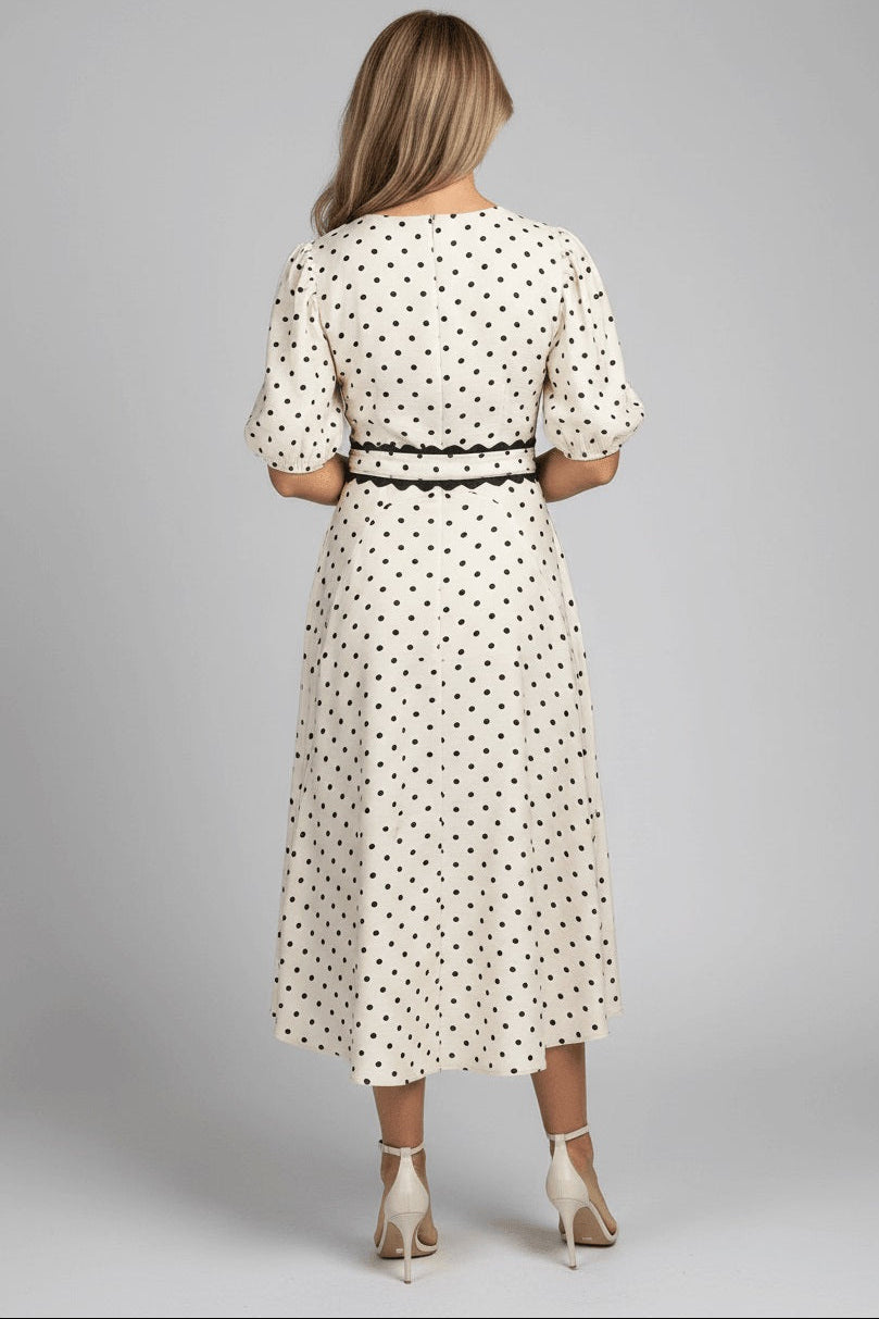 White Polka Dot Printed Contrast Scalloped Trim Belted Midi Dress
