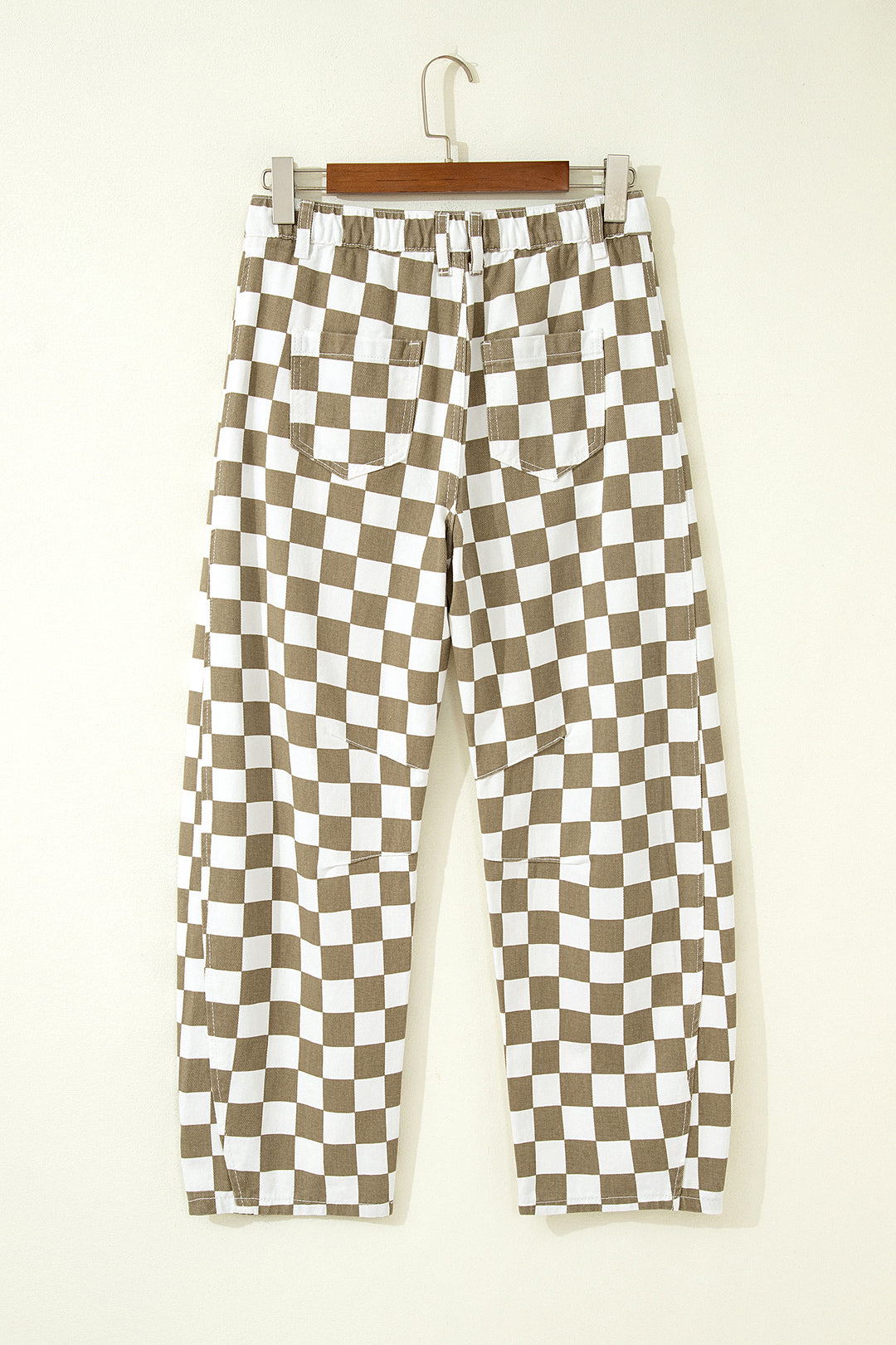 White Checkered Print Denim Barrel Pants