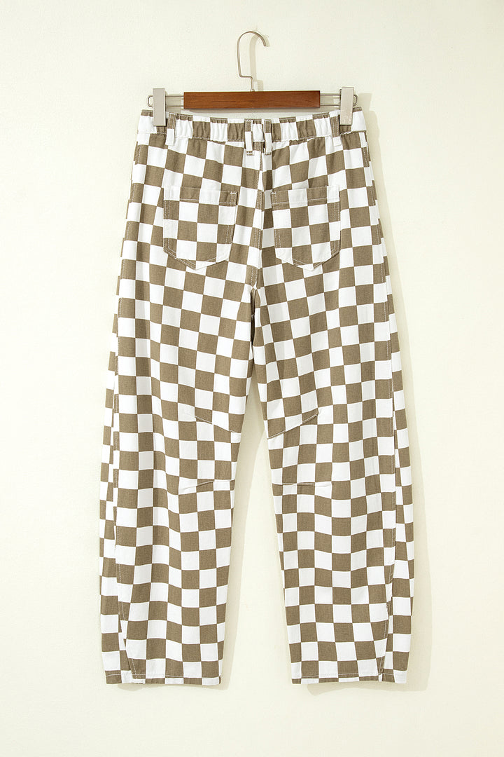 White Checkered Print Denim Barrel Pants