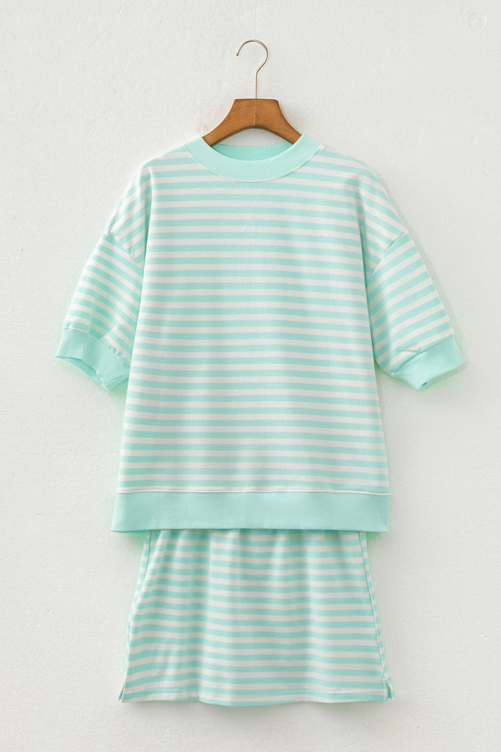 Green Stripe Ribbed Color Block Trim Half Sleeve Top Mini Skort 2pcs Outfit