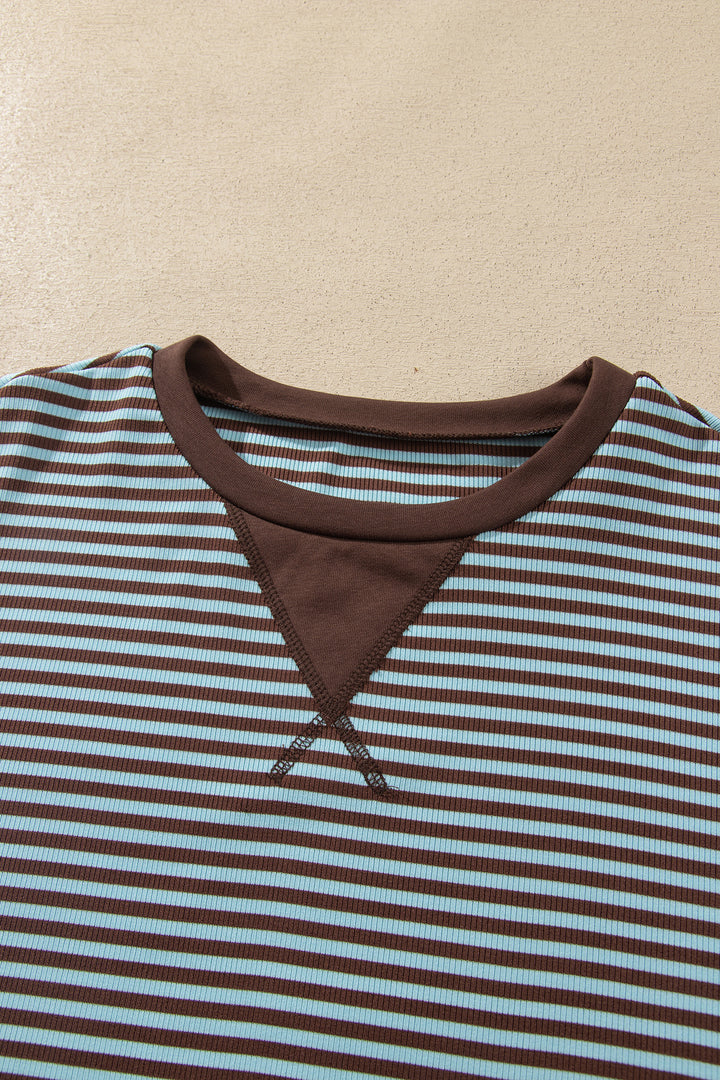 Brown Stripe Drop Shoulder Loose Top and Pants Two Piece Set