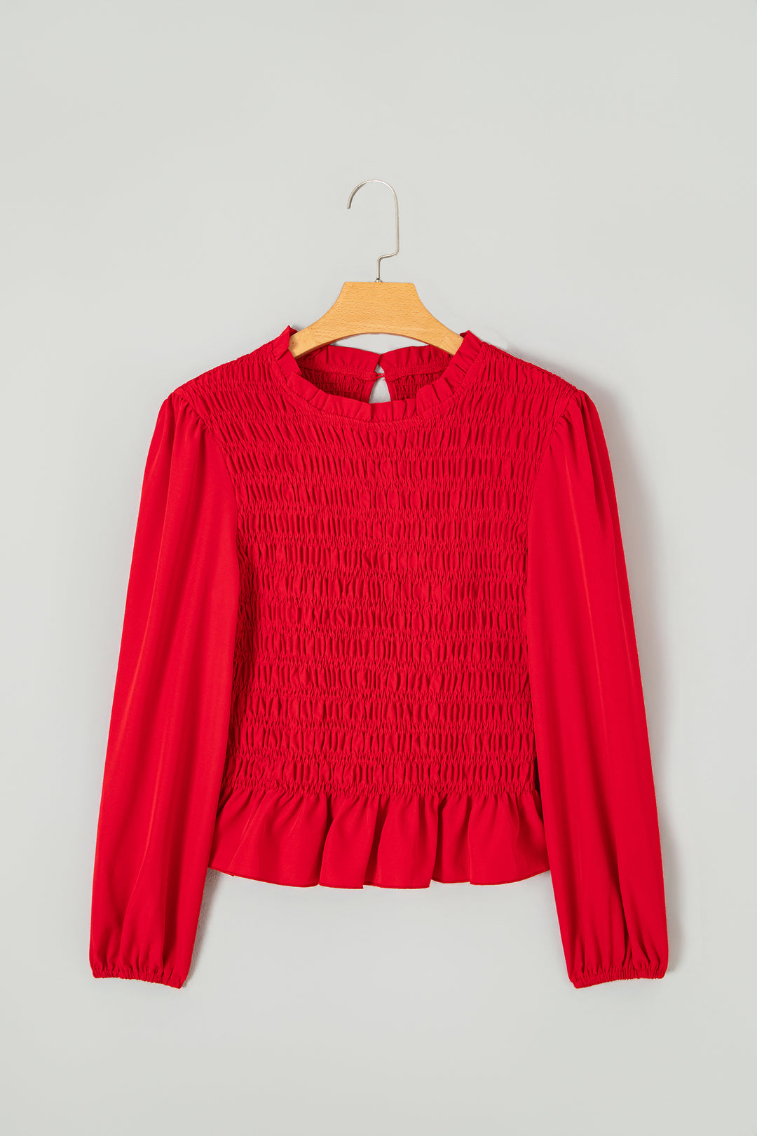 Racing Red Solid Color Smocked Ruffle Hem Long Sleeve Blouse