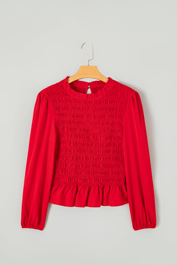 Racing Red Solid Color Smocked Ruffle Hem Long Sleeve Blouse