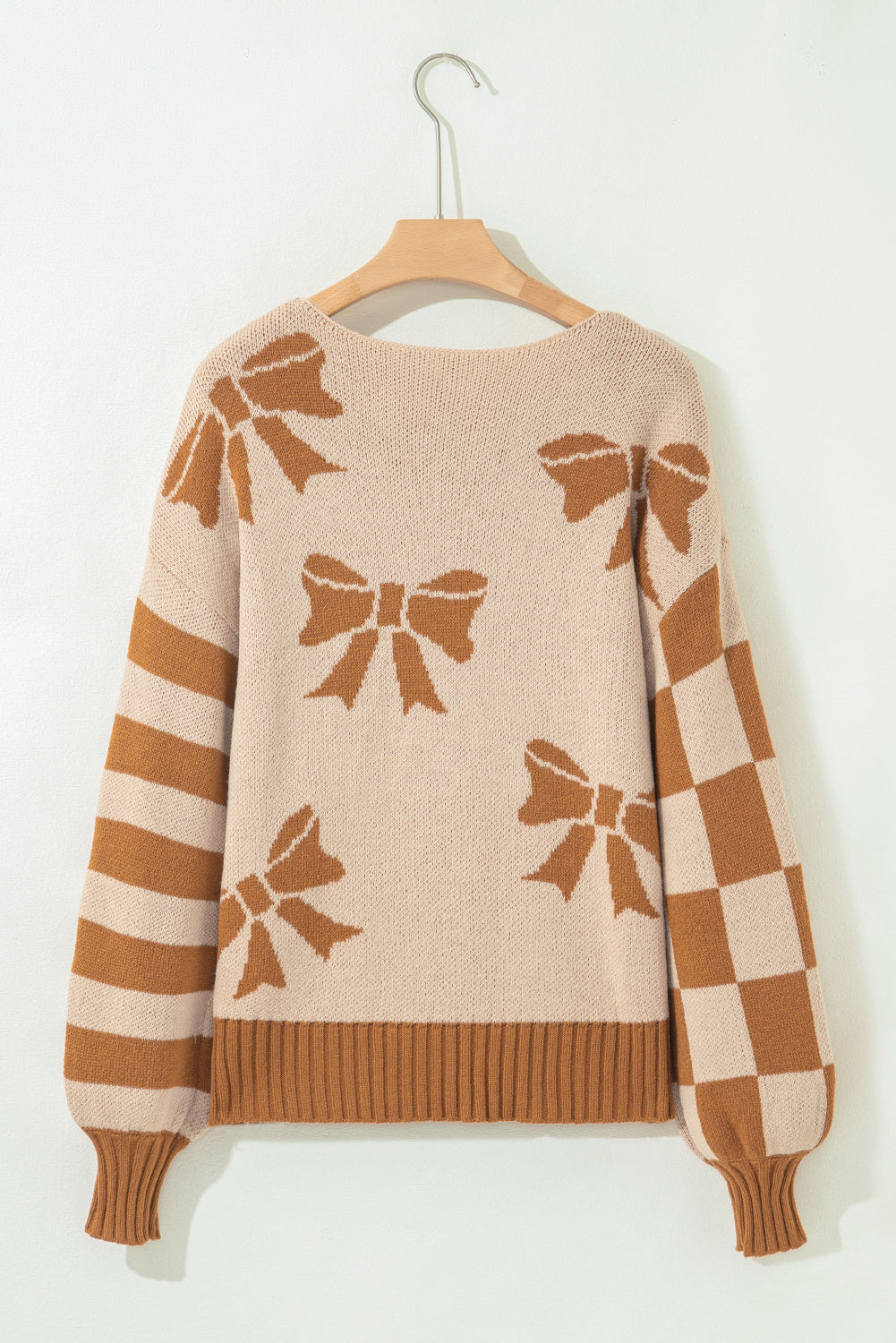 Ribbon Bow Print Checkered Striped Sleeve Drop Shoulder Sweater