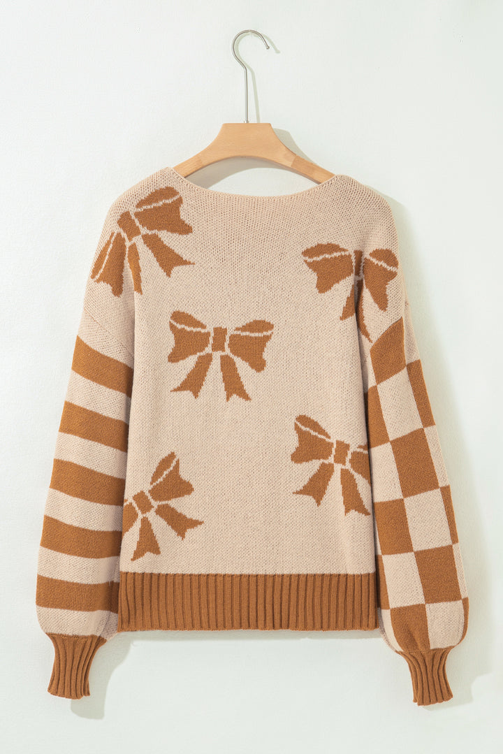 Ribbon Bow Print Checkered Striped Sleeve Drop Shoulder Sweater