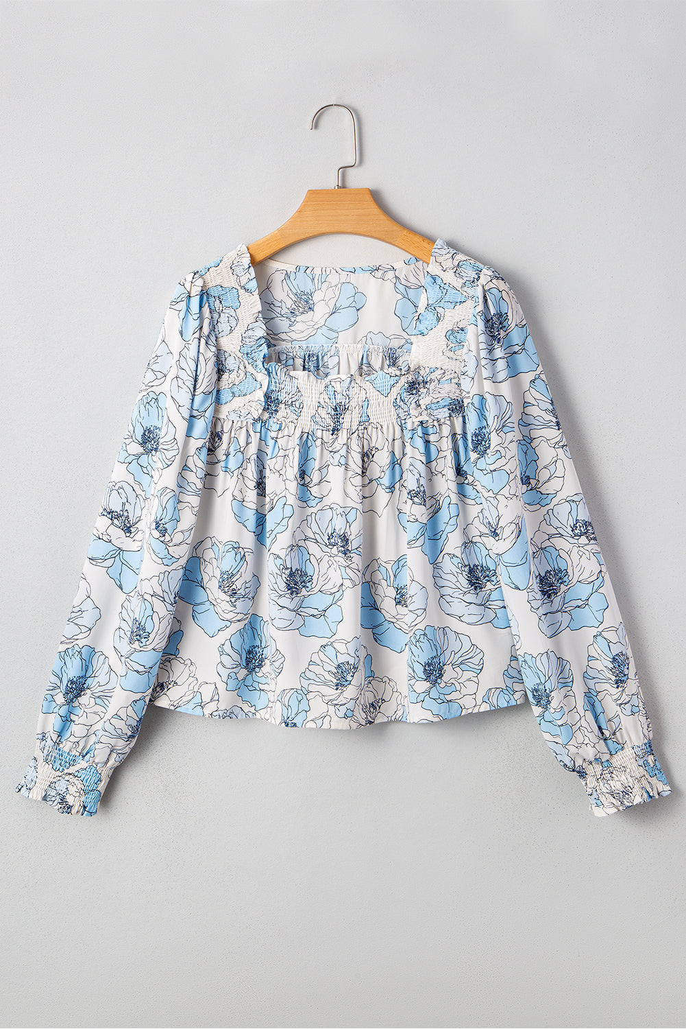 Floral Print Frilly Smocked Square Neck Long Sleeve Blouse