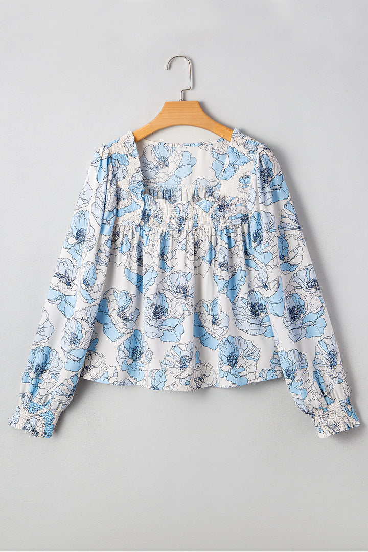 Floral Print Frilly Smocked Square Neck Long Sleeve Blouse