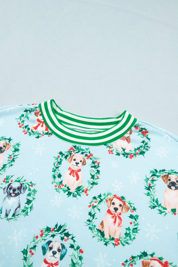 Sky Blue Abstract Dog Print Ribbed Cuff Round Neck Long Sleeve Sweatshirt