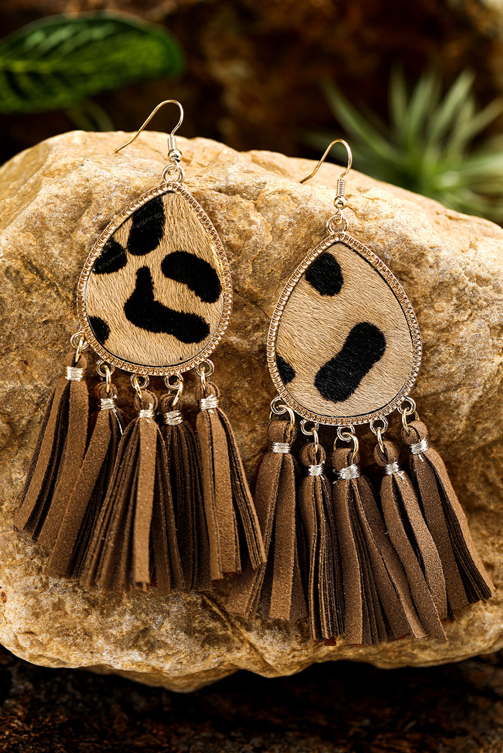 Boho Leopard Print Tasseled Hook Earrings