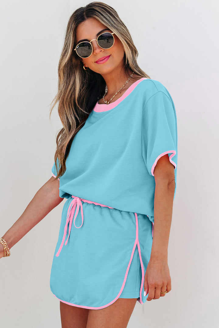 Turquoise Colorblock Edge T Shirt and Skort 2Pcs Set