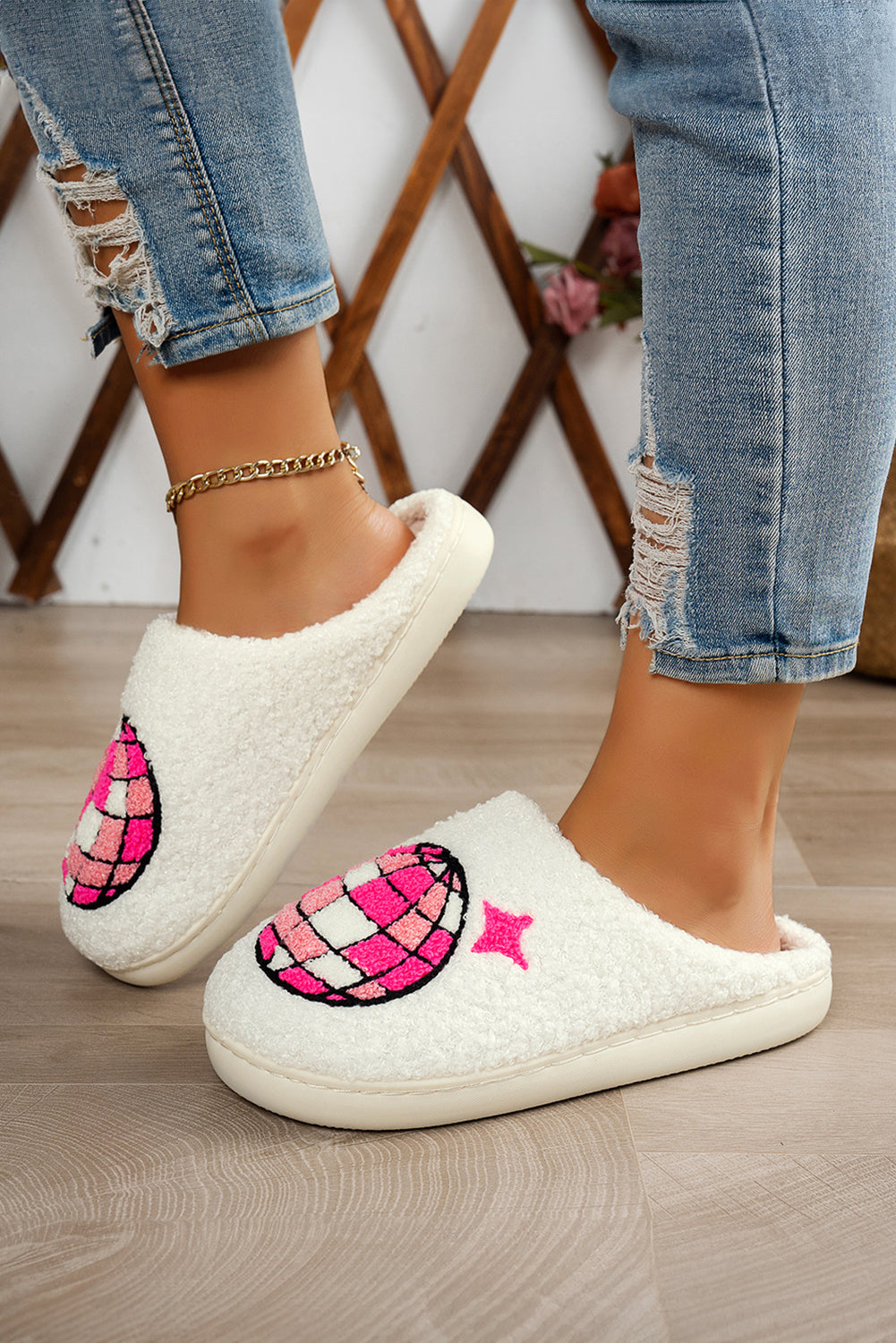 Disco Ball Print Fuzzy Winter House Slippers