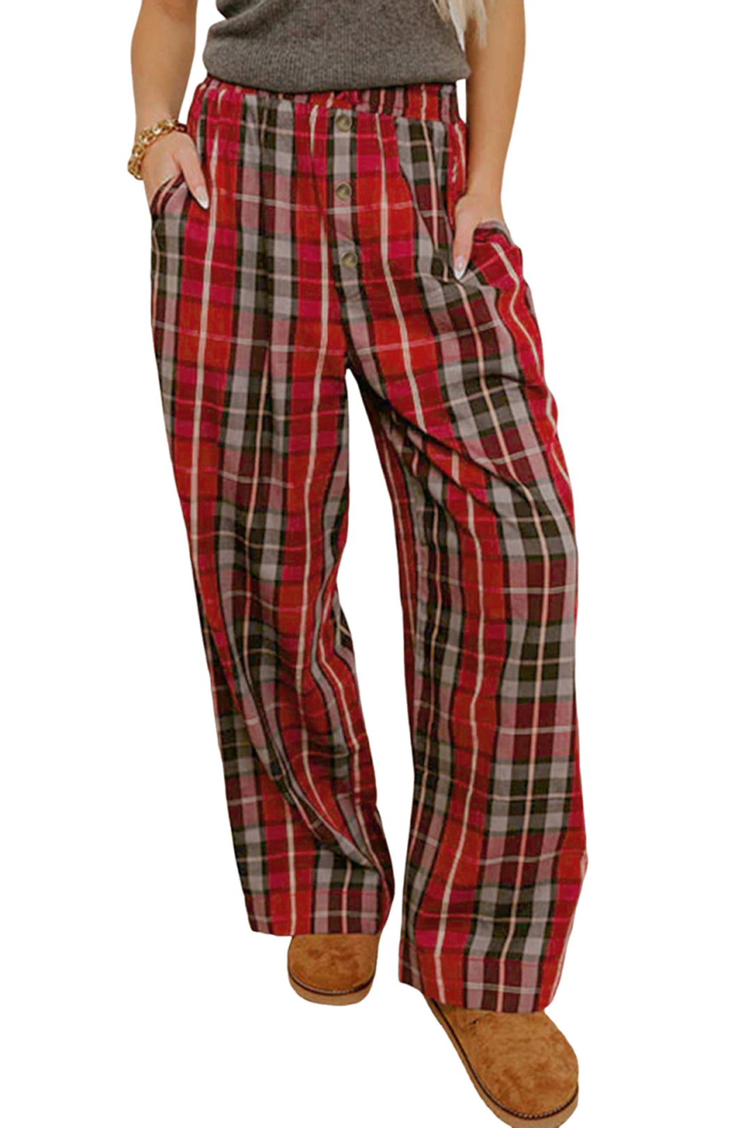 Red Plaid Elastic Waist Pocket Regular Full-Length Pants