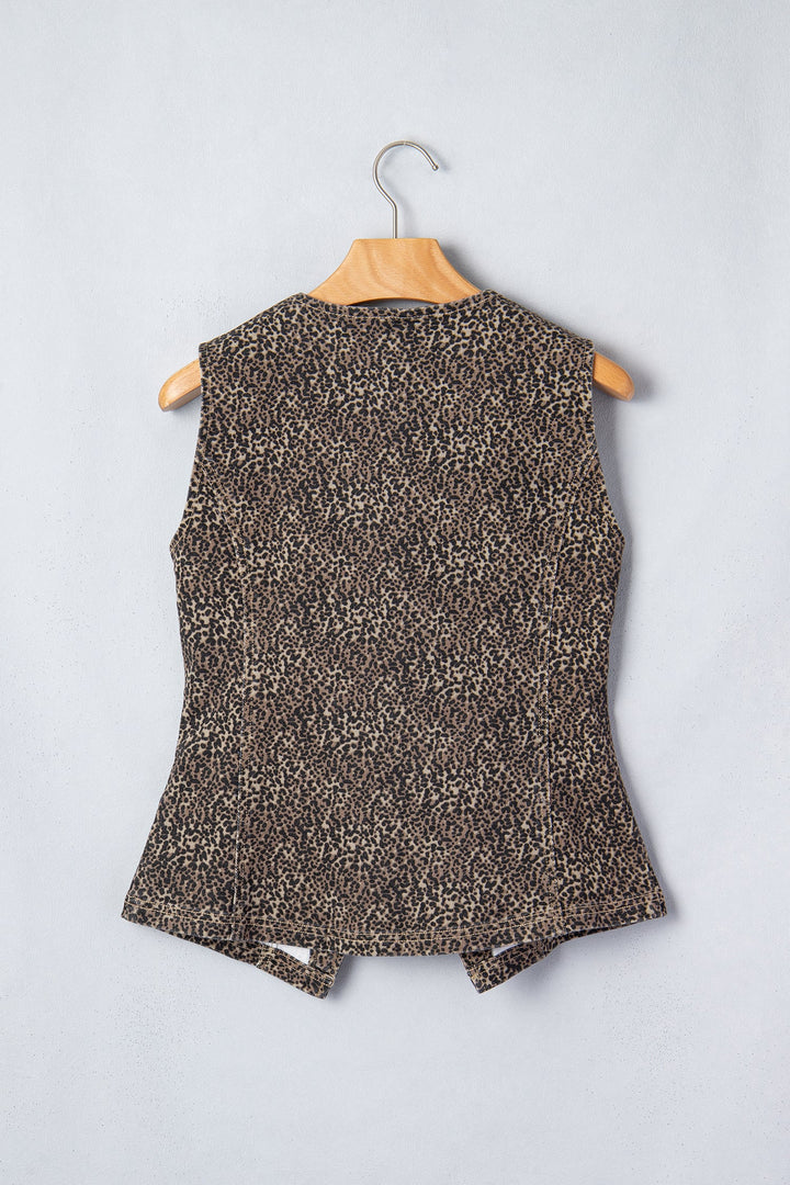 Brown Leopard Print Slim Denim Vest