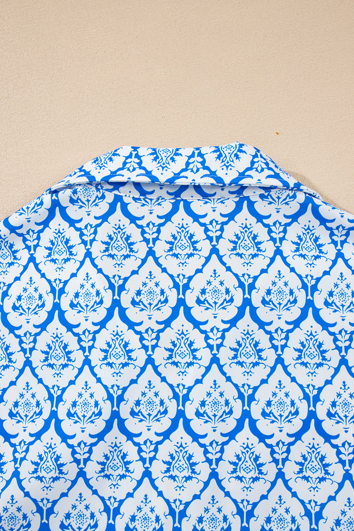Sky Blue Western Print Zipped Collar Short Sleeve Summer Blouse Top