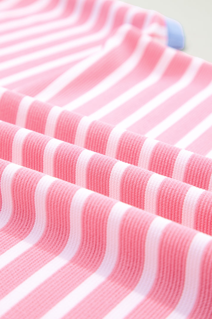 Pink Stripe Contrast Trim Loose Short Sleeve Top