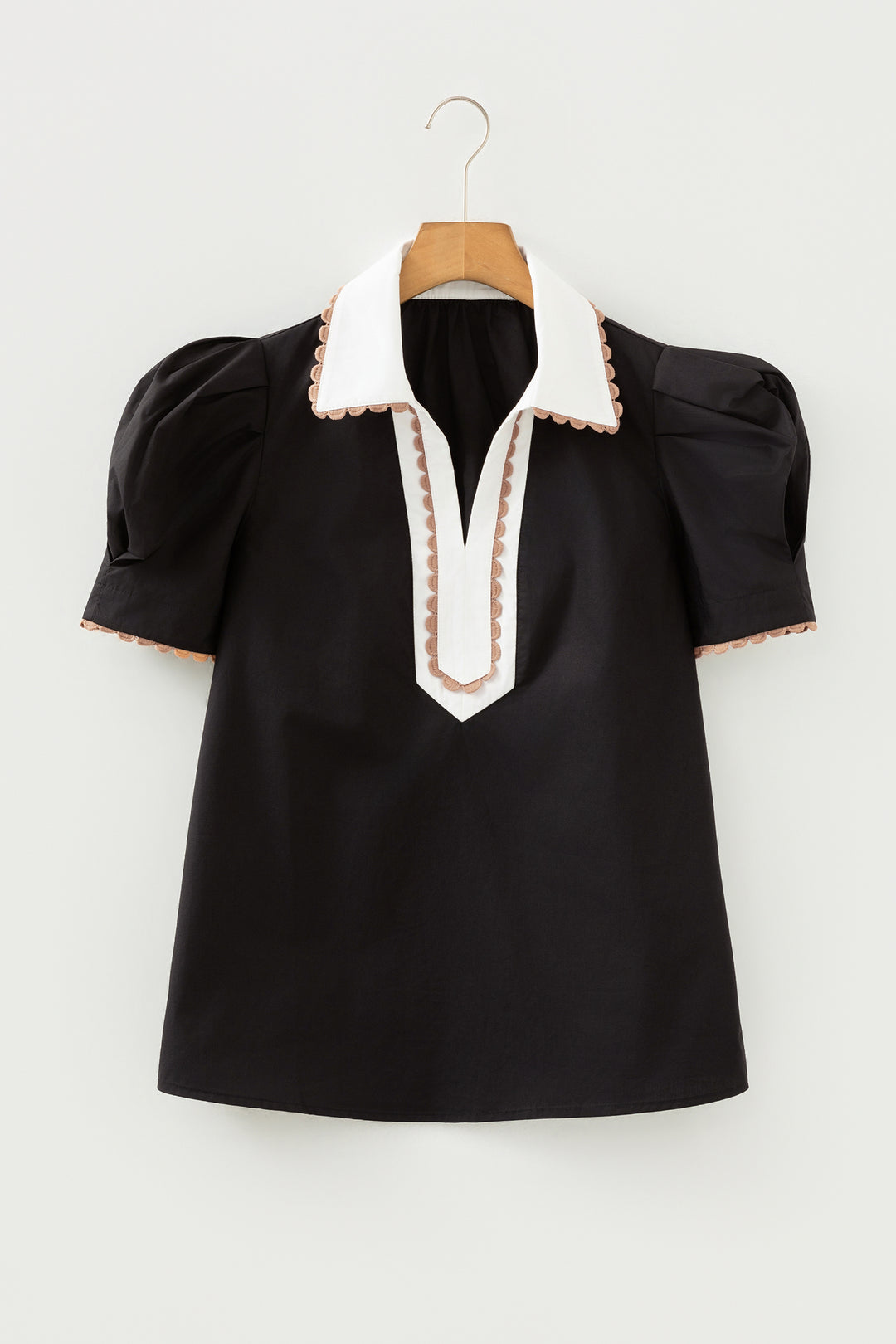 Ricrac Trim Color Block Patchwork Shirt Collar Short Sleeve Blouse