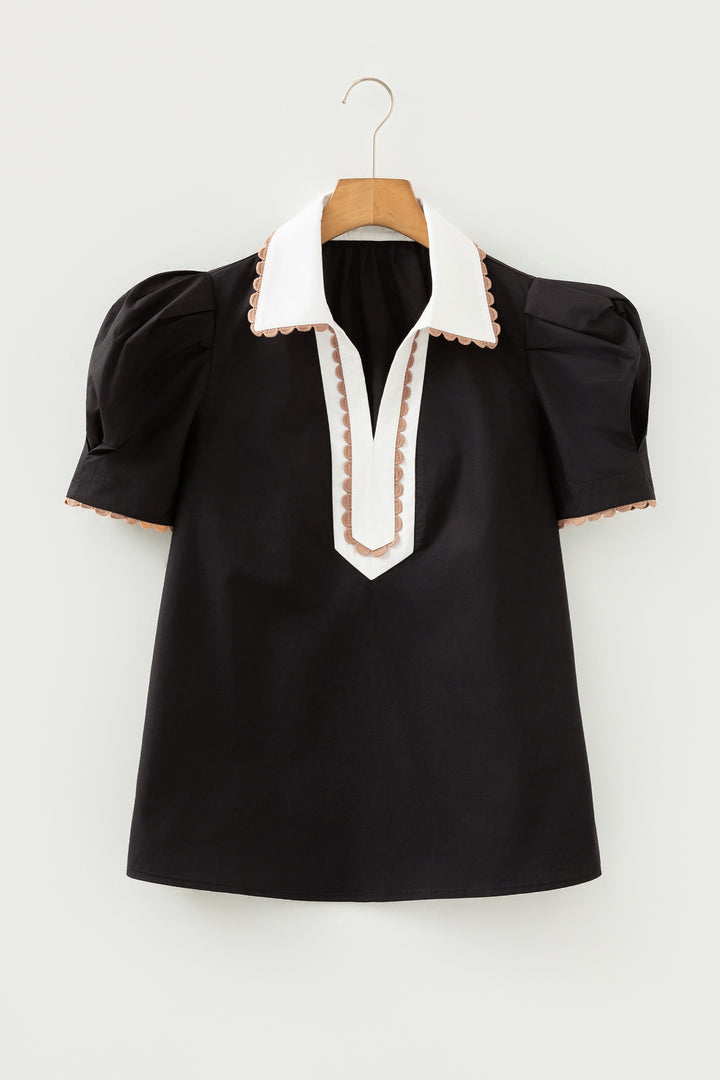 Ricrac Trim Color Block Patchwork Shirt Collar Short Sleeve Blouse