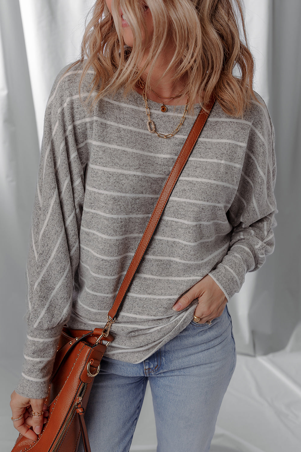 Gray Stripe Dolman Sleeve Cotton Top
