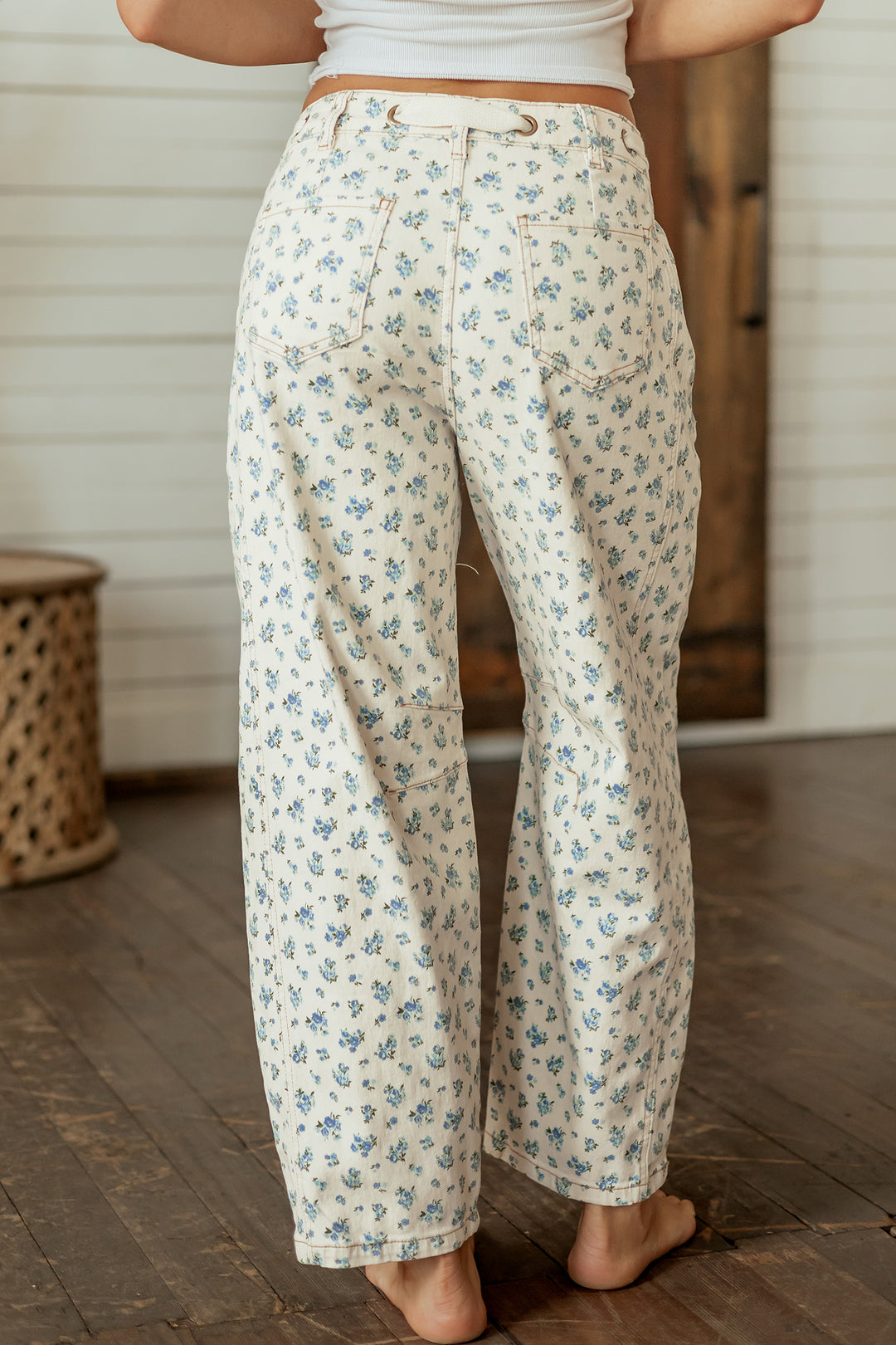 Beige Grommet Knot Waist Floral Barrel Leg Jeans