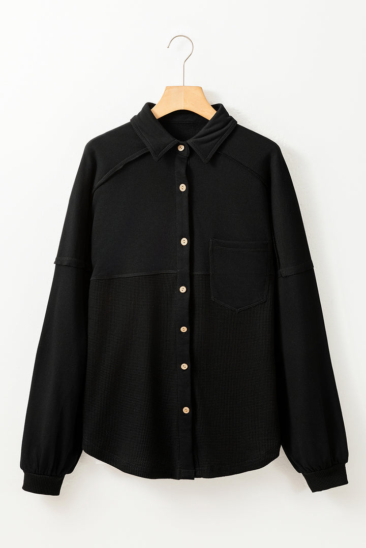 Black Waffle Knit Patchwork Exposed Seam Loose Shacket