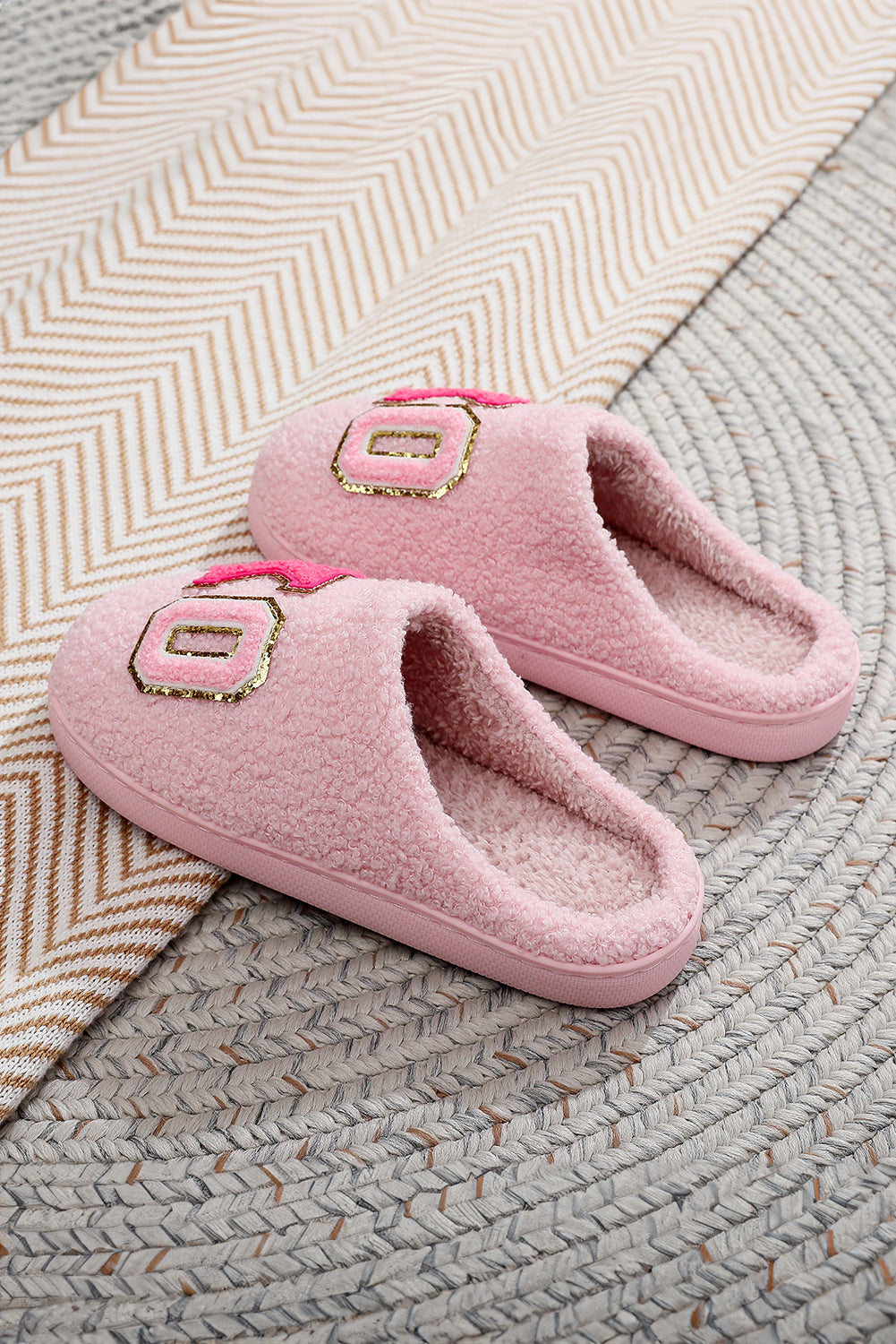 XO XO Glitter Trim Letter Patched Plush House Slippers
