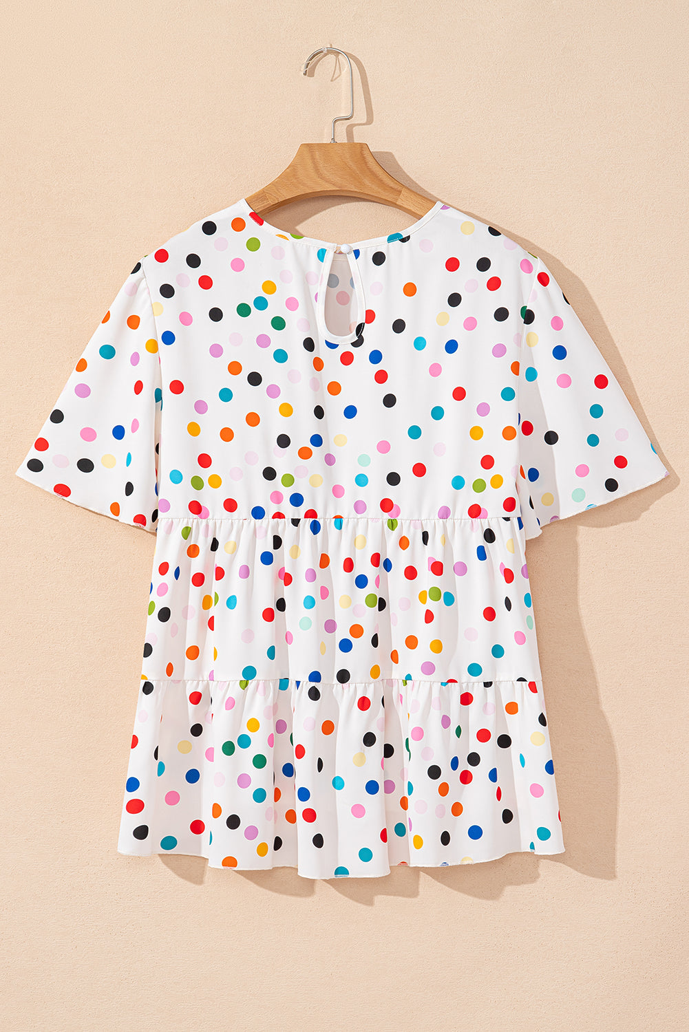 Colorful Polka Dot Short Sleeve Tiered Ruffled Babydoll Blouse