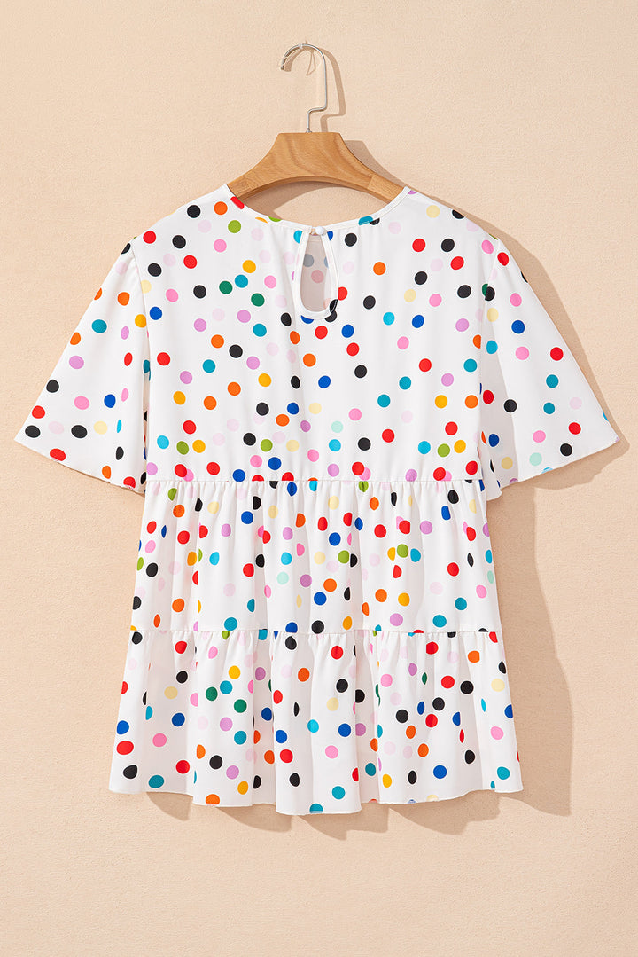 Colorful Polka Dot Short Sleeve Tiered Ruffled Babydoll Blouse