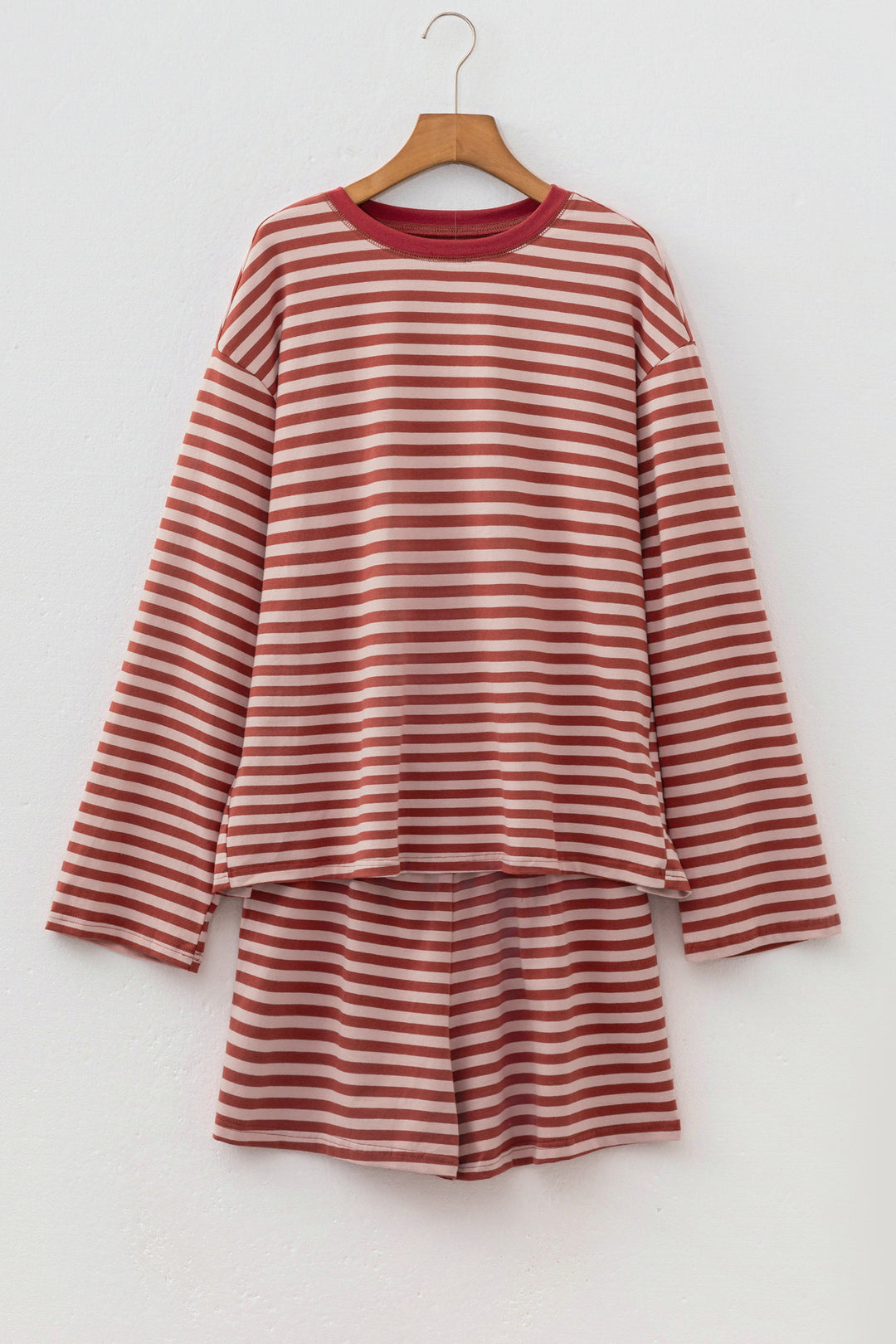 Brown Stripe Relaxed Long Sleeve Top Contrast Elastic Waistband Short Set