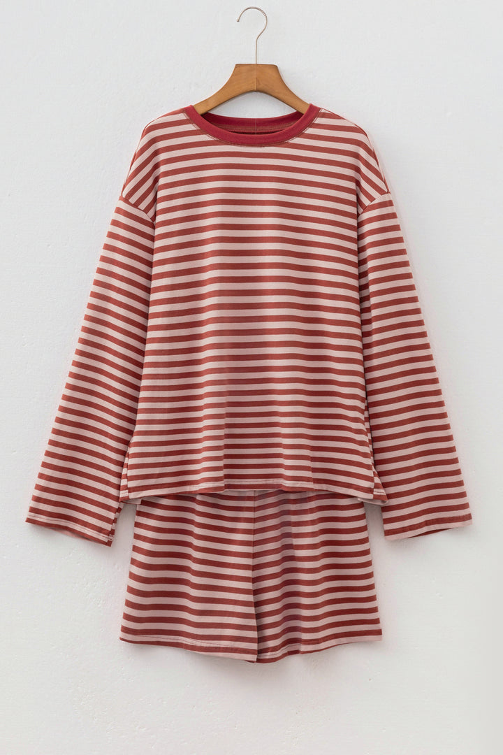Brown Stripe Relaxed Long Sleeve Top Contrast Elastic Waistband Short Set