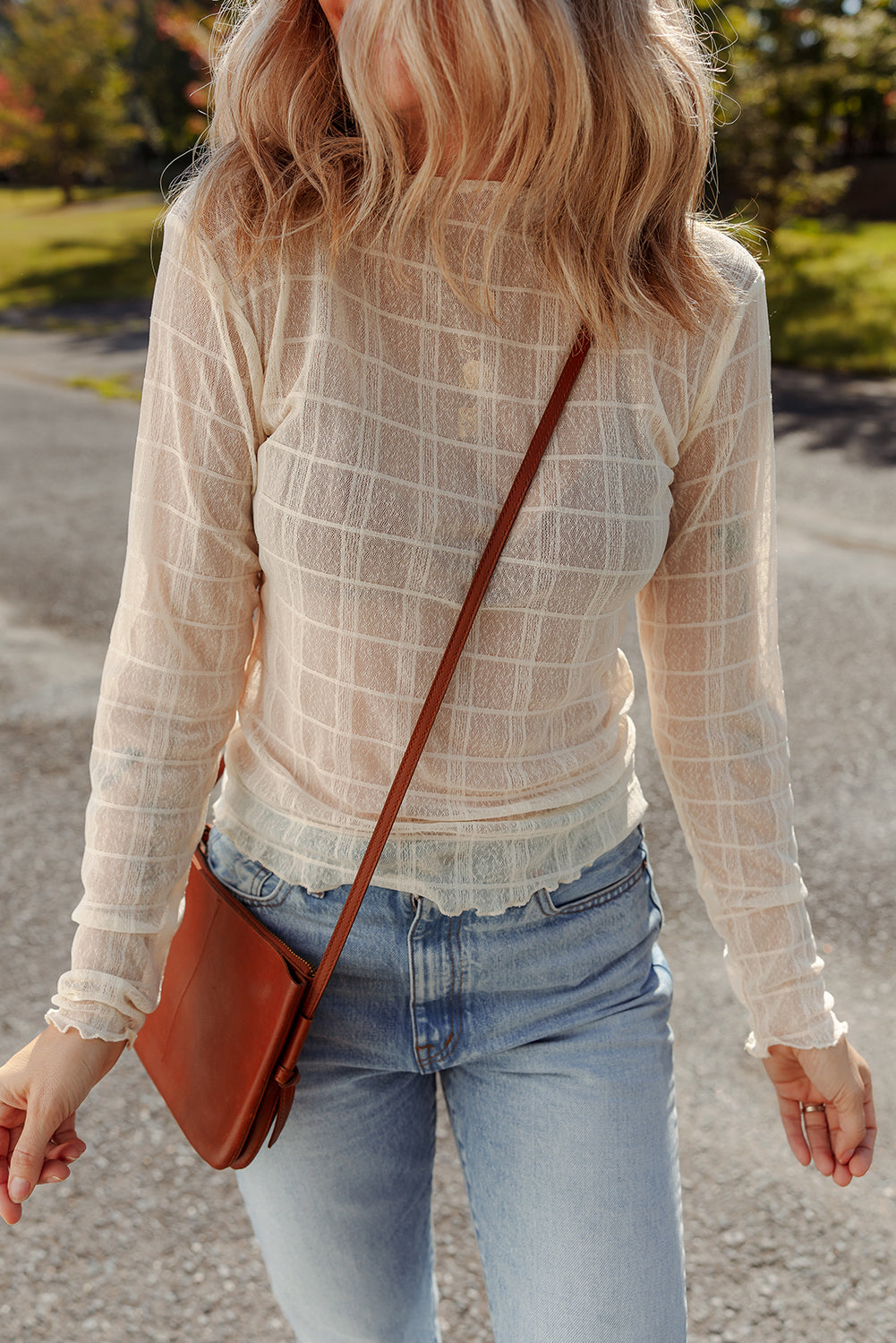 Sheer Plaid Mesh Lettuce Trim Slim Fit Long Sleeve Top