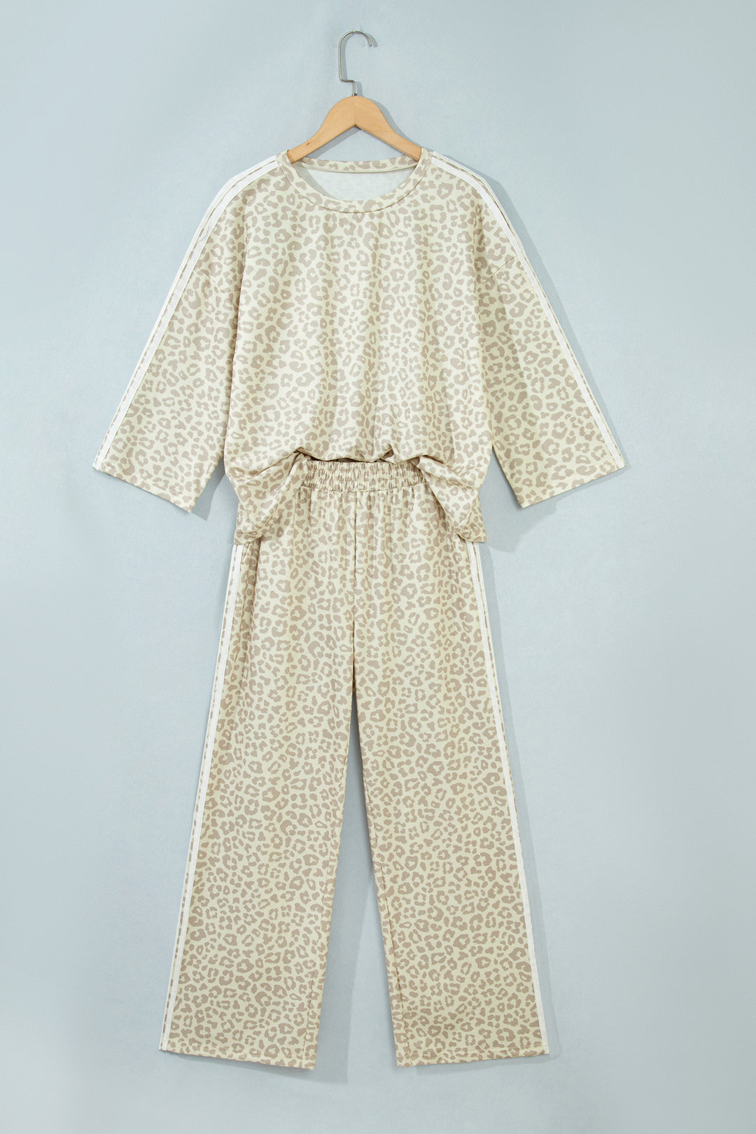 Apricot Leopard Print Varsity Striped Detail 3/4 Sleeve Top Shift Pant Set