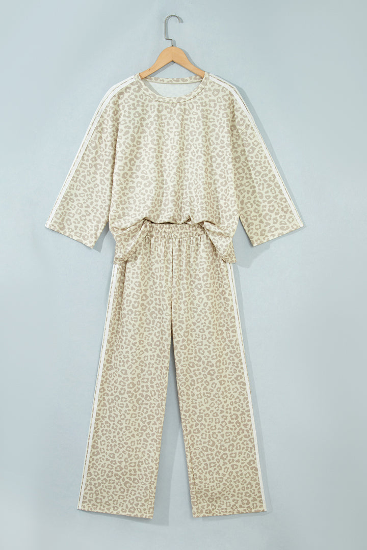 Apricot Leopard Print Varsity Striped Detail 3/4 Sleeve Top Shift Pant Set