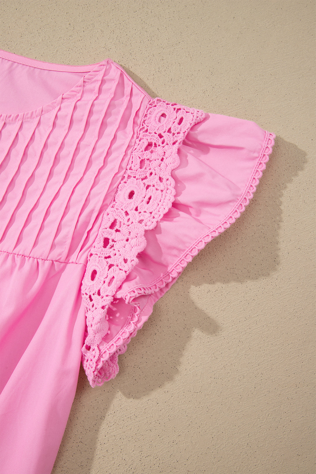 Bonbon Lace Detail Flutter Sleeve Pleated Round Neck Blouse