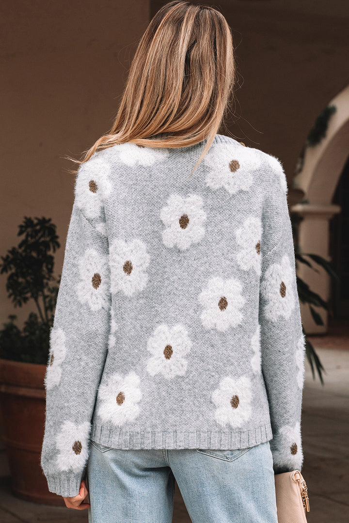 Cute Flower Print V Neck Drop Shoulder Baggy Sweater