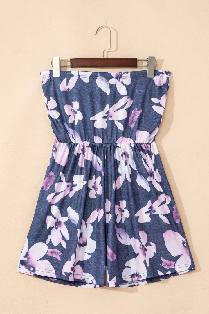 Gray Bandeau Floral Print Romper with Pockets