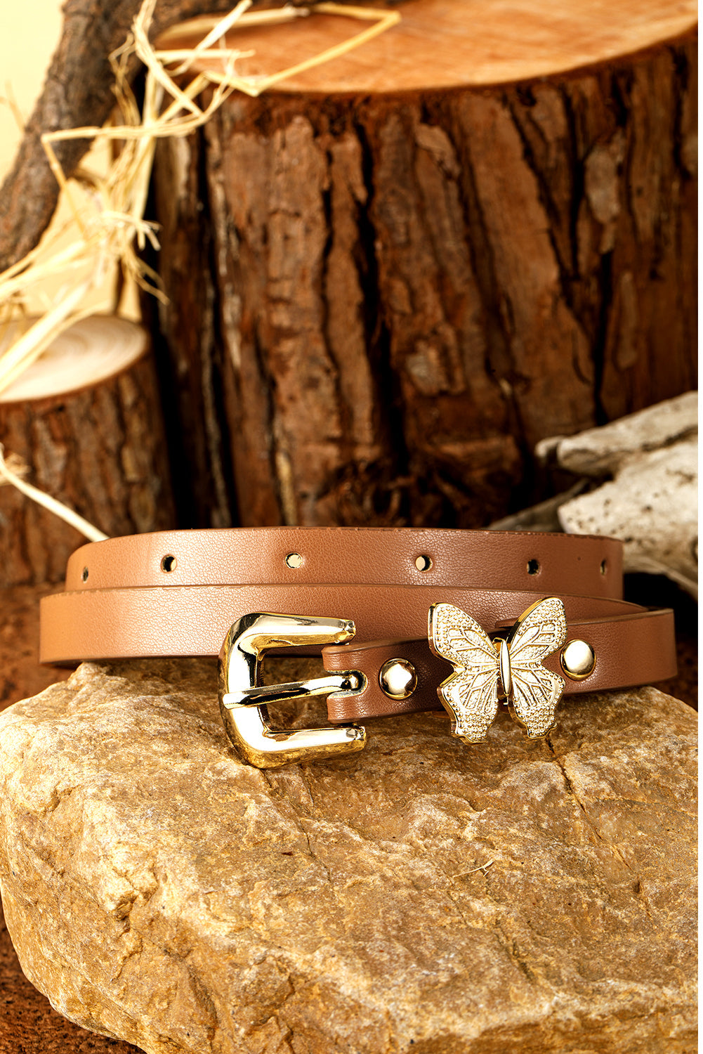 Ceinture fine en cuir PU avec boucle décorative papillon