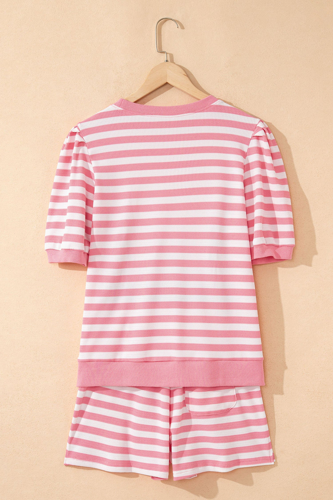 Pink Stripe Puff Short Sleeve T Shirt Matching Shorts Set