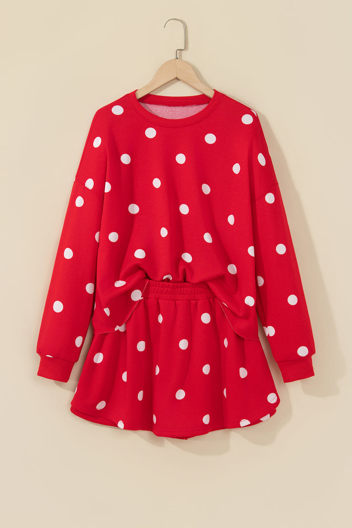 Red Polka Dot Raw Hem Relaxed Pullover Loose Skort Two Piece Set