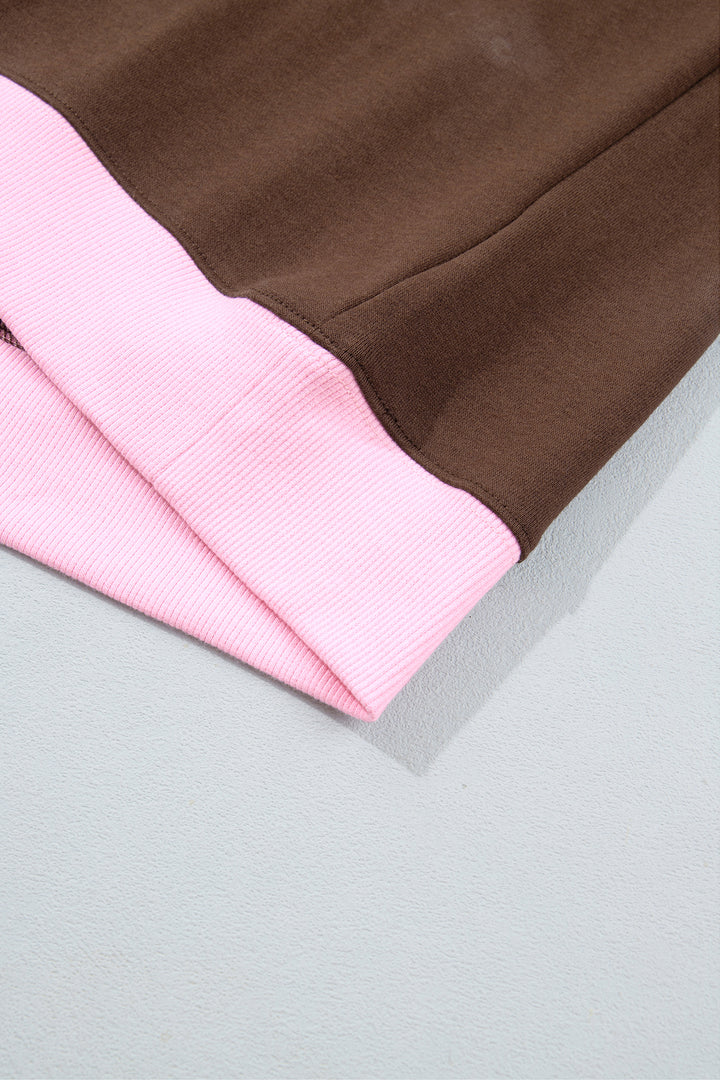 Coffee Colorblock Trim Crewneck Long Sleeve Pullover Sweatshirt