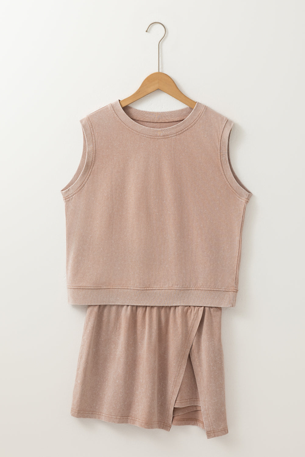 Smoke Gray Washed Sleeveless Top Split Skort Cotton 2pcs Outfit