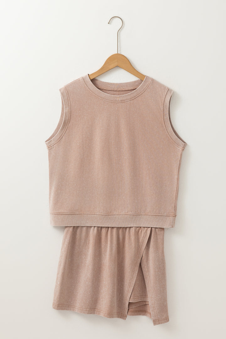 Smoke Gray Washed Sleeveless Top Split Skort Cotton 2pcs Outfit