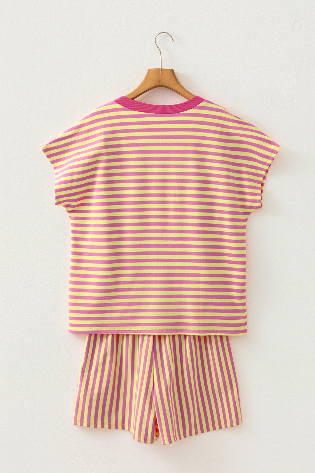 Pink Stripe Colorblock Trim V Neck Tee Drawstring Elastic Waist Short Set