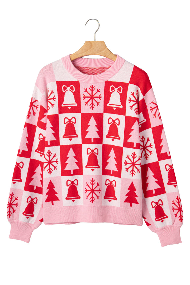 Pink Christmas Plaid Pullover Round Neck Long Sleeve Casual Fit Tunic Knitwear Sweater