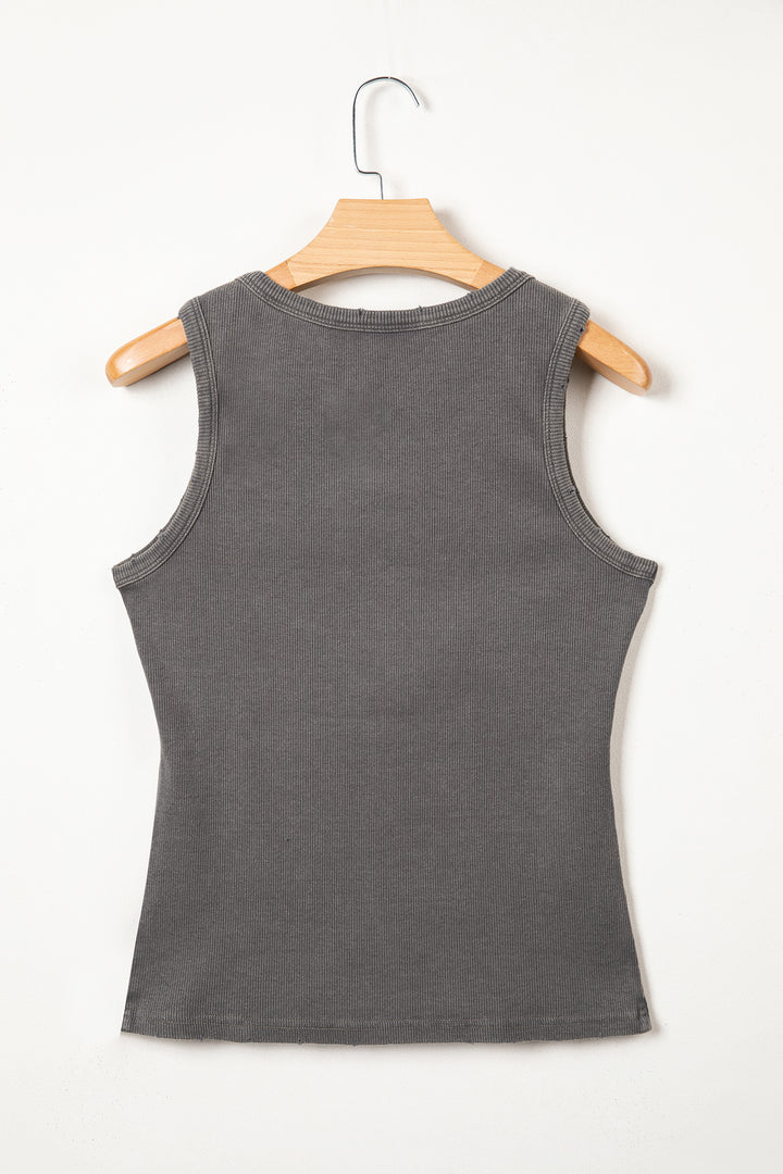 Medium Grey Vintage Distressed Ribbed Mineral Wash Tank Top