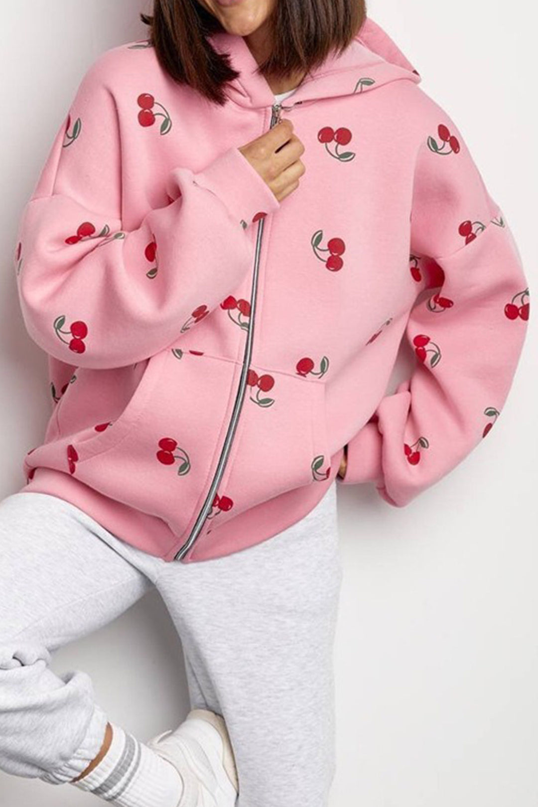 Pink Cherry Print Zip Up Pocketed Hoodie Jacket